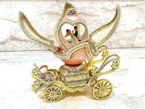 Vintage 1983 One Of A Kind Gold Rose Carriage Faberge Egg style Jewelry Trinket HANDMADE Natural Egg Austrian Crystal Diamond Pearls 24kGOLD Engagement Wedding gift for Daughter Bridal Shower present