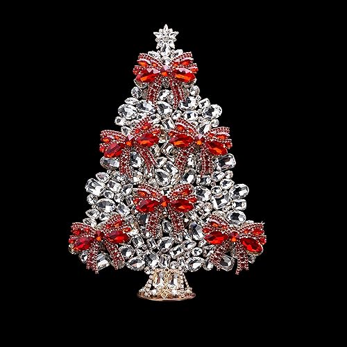 Ribbon Christmas Tree (Red), Ribbon table top Christmas tree, handcrafted with clear and red colored rhinestones. The tree is decorated with 6 ribbon glass ornaments