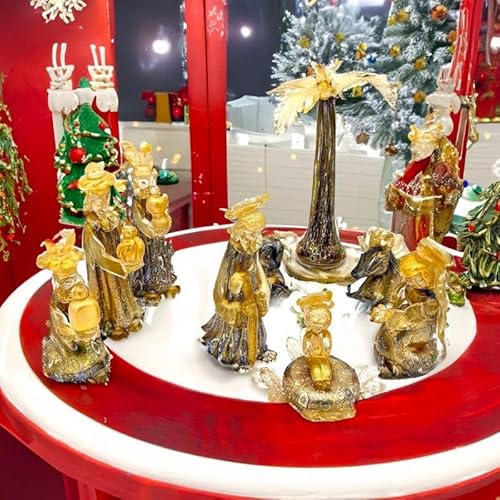 Murano Glass Nativity Scene, Gold and Murrine Blown Glass Sculptures for Christmas, Nine Pieces, Handmade Glass Crib, Trademark of Origin