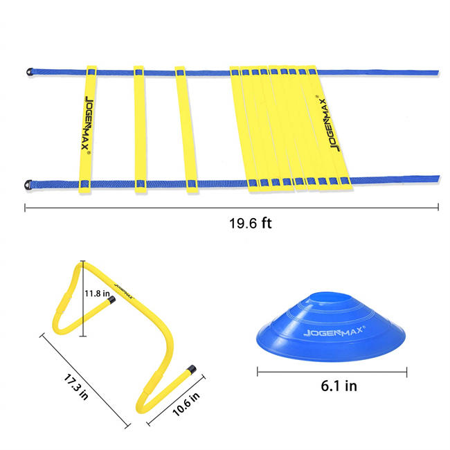 Speed & Agility Training Set - Includes Resistance Parachute, Agility Ladder, 4 Adjustable Hurdles, 12 Disc Cones, Leg Resistance Tube and Stretching